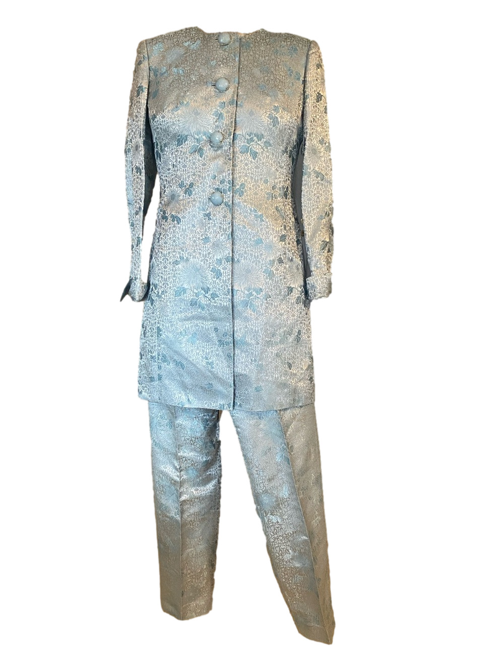 Doncaster Pale Blue Brocade Pantsuit with Floral Jacquard